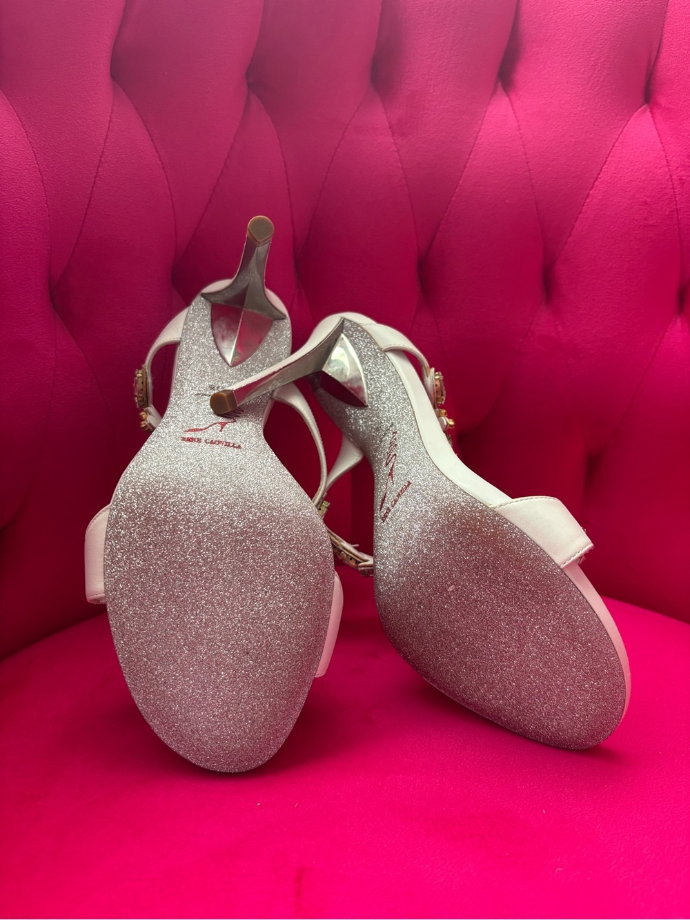 Rene Caovilla Ivory Jeweled T-Strap Heels - Picture 10 of 12